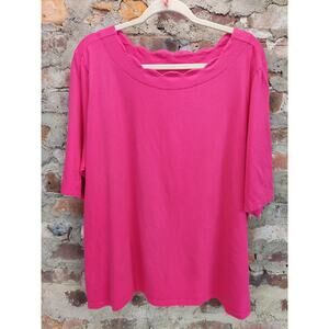 Coral Bay Womens Plus T-Shirt 2X Pink Scallop Neck 3/4 Sleeve Cotton Top